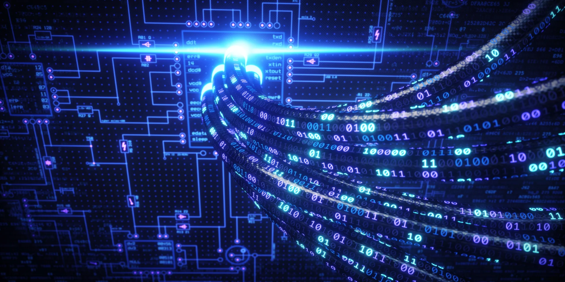 Translate Your Technical Skills into Job Offers | Professional Interview Prep Glowing blue fiber optic cables streaming binary code across a digital circuit board, symbolizing the effective transfer of technical knowledge during an interview.