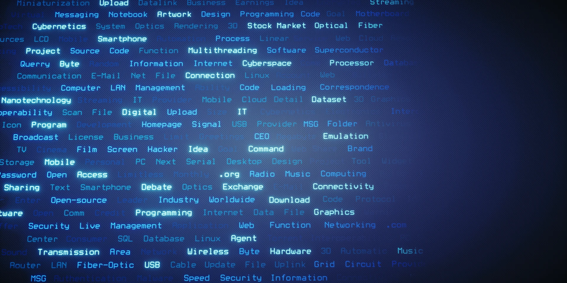 Master the Language of Your Industry | Professional Interview Prep A digital screen filled with a word cloud of key technology terms such as "Database," "Nanotechnology," "Cybernetics," and "Open-source," representing industry knowledge.