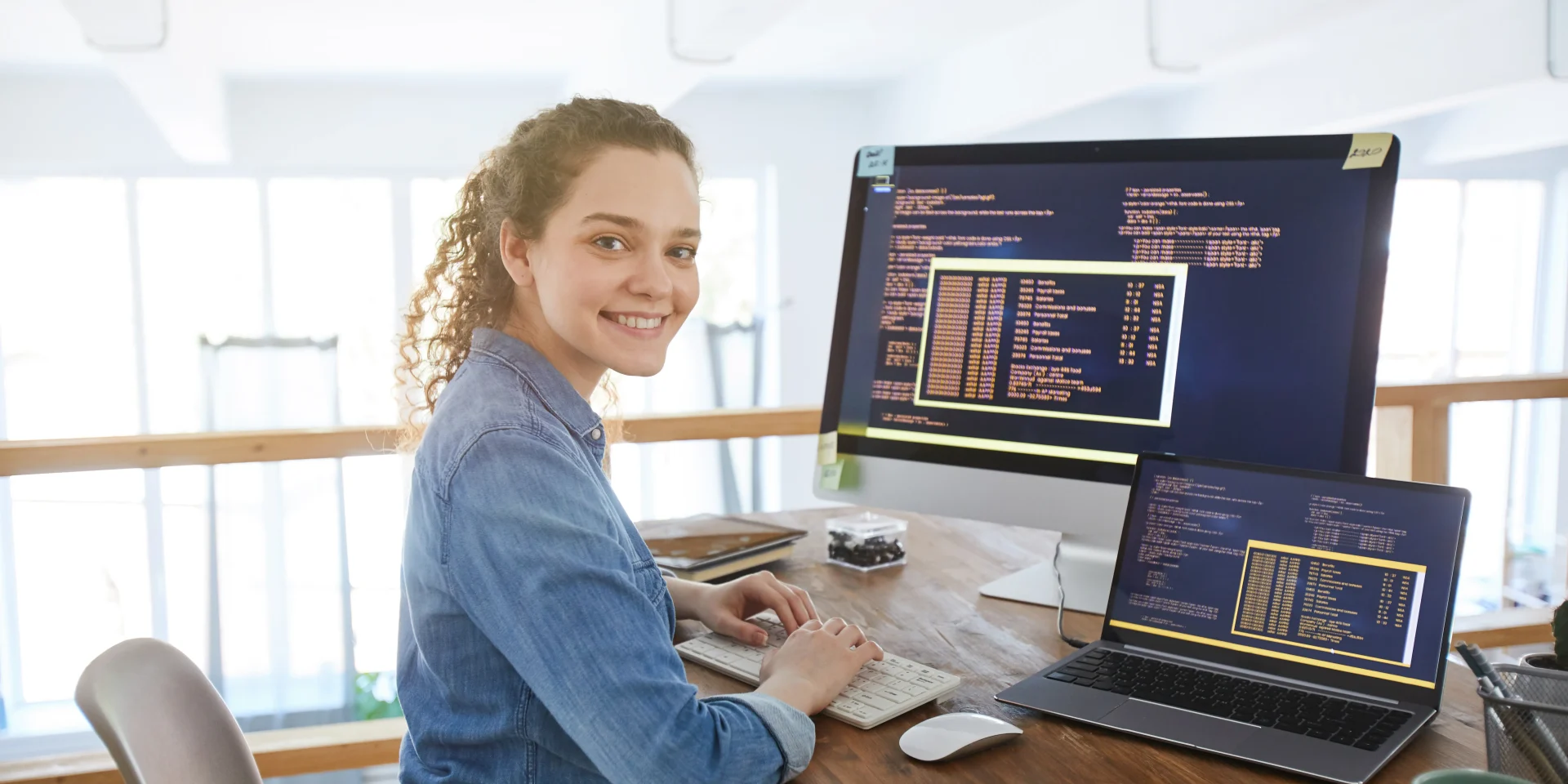 Prepared, Confident, and Interview-Ready Professional woman working at a desk with multiple monitors displaying technical information