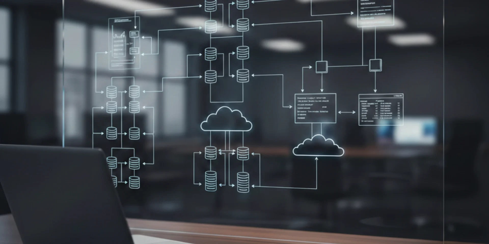 Technical System Design and Data Architecture A digital system architecture diagram showing cloud storage, databases, and network flows on a glass wall in an office.