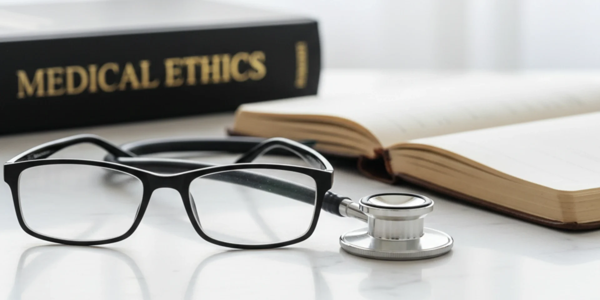 A "Medical Ethics" textbook next to a stethoscope and glasses on a white desk.