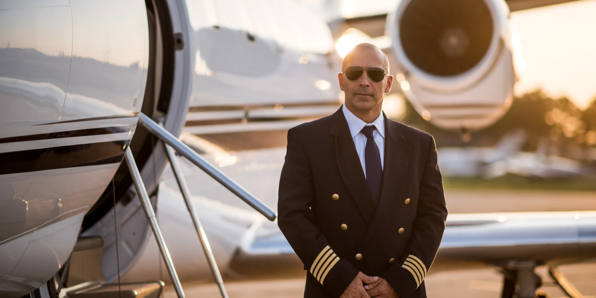 A professional male pilot in a dark uniform and sunglasses standing in front of a private jet.