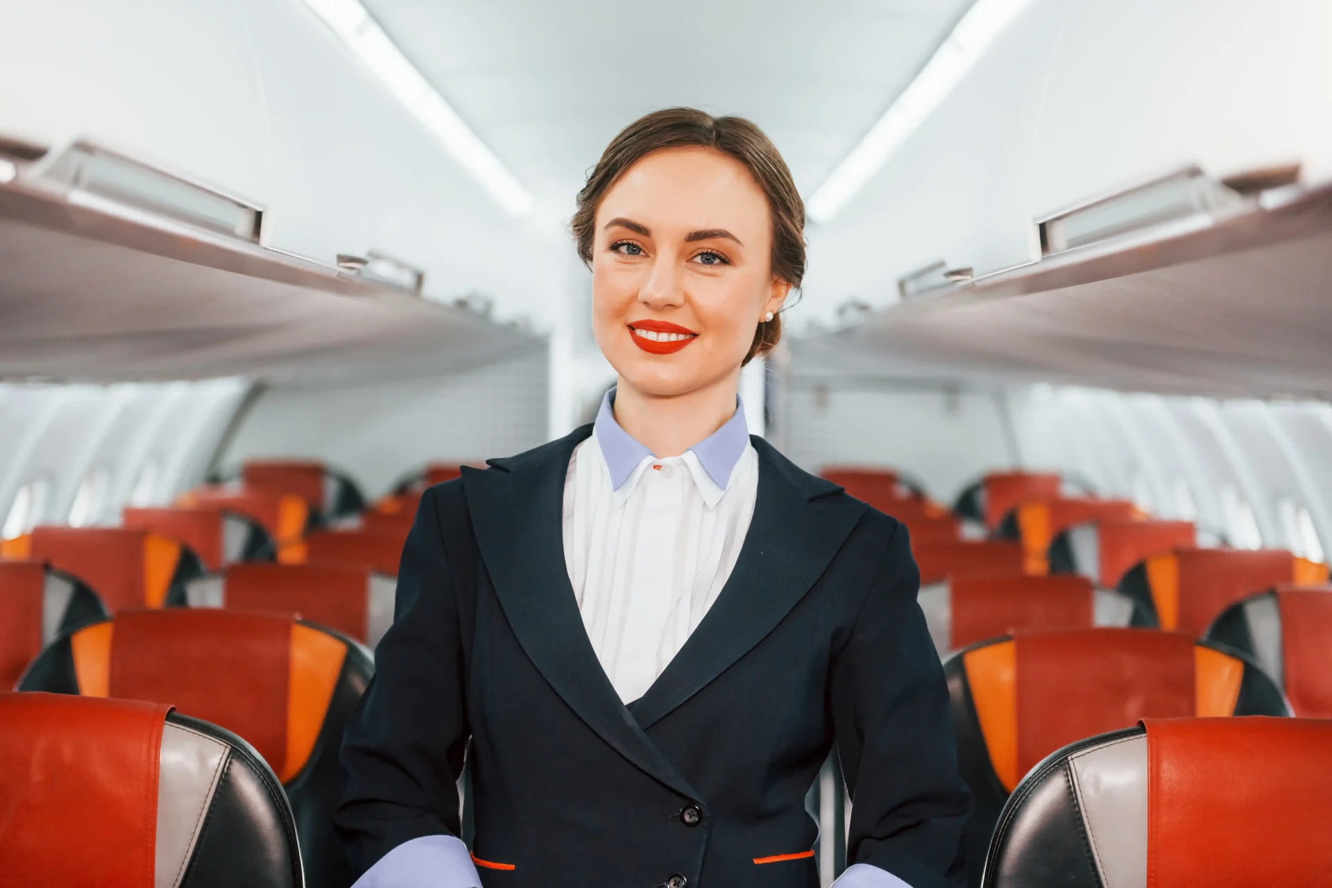 Smiling flight attendant standing in the aisle of a commercial airplane cabin.